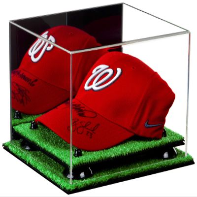 Better Display Cases Acrylic Baseball Cap Display Case with Mirror, Black Risers and Turf Base (A006-BR)