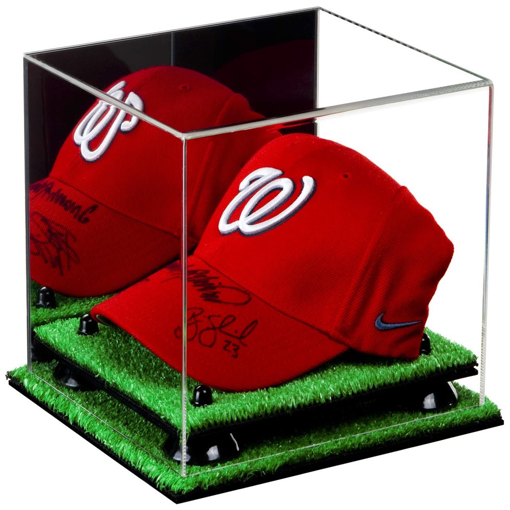 Better Display Cases Acrylic Baseball Cap Display Case with Mirror, Black Risers and Turf Base (A006-BR)