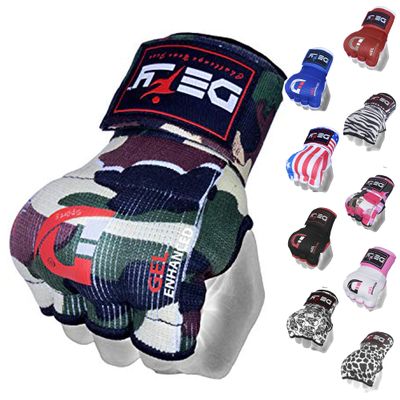 DEFY Padded Inner Gloves Quick 75cm Long Strap Inner Boxing Gloves Gel Padded Knuckle Protection Elasticated Boxing Hand Wraps for MMA Muay Thai Kickboxing Martial Arts Pair (Green Camo, X-Large)