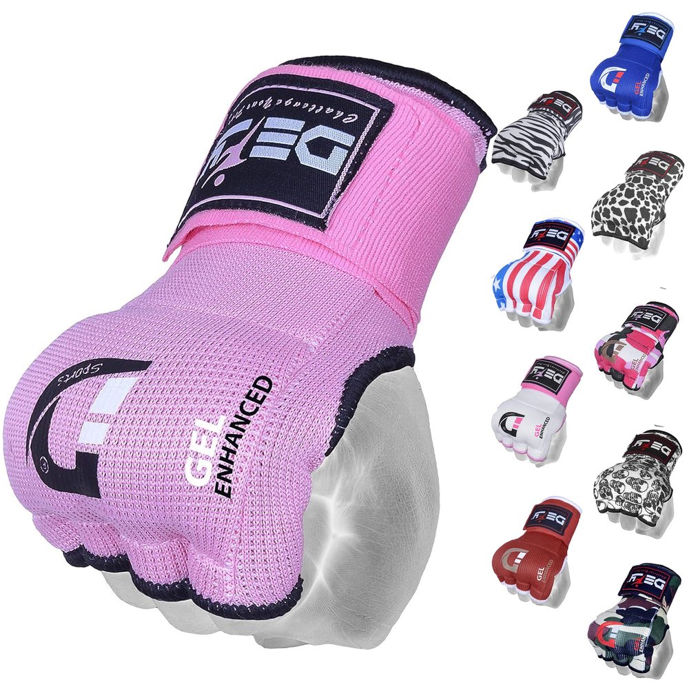 DEFY Padded Inner Gloves Quick 75cm Long Strap Inner Boxing Gloves Gel Padded Knuckle Protection Elasticated Boxing Hand Wraps for MMA Muay Thai Kickboxing Martial Arts Pair (Pink, X-Large)
