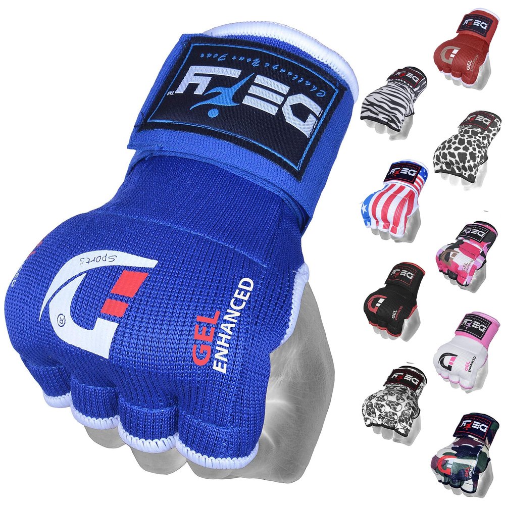 DEFY Padded Inner Gloves Quick 75cm Long Strap Inner Boxing Gloves Gel Padded Knuckle Protection Elasticated Boxing Hand Wraps for MMA Muay Thai Kickboxing Martial Arts Pair (Blue, Small)