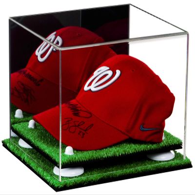 Better Display Cases Acrylic Baseball Cap Display Case with Mirror, White Risers and Turf Base (A006-WR)