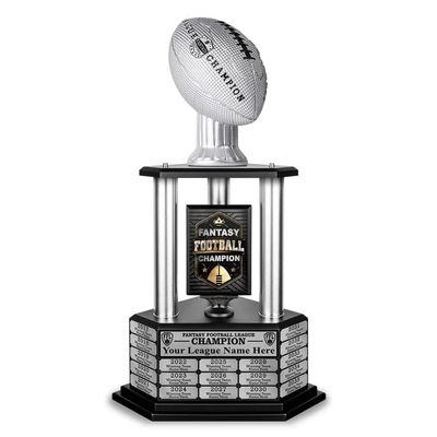 TrophySmack Fantasy Football Trophy - 19-Year Perpetual  26 Customizable Championship Award with Free Engravings (Silver Football | Silver Metal Columns)