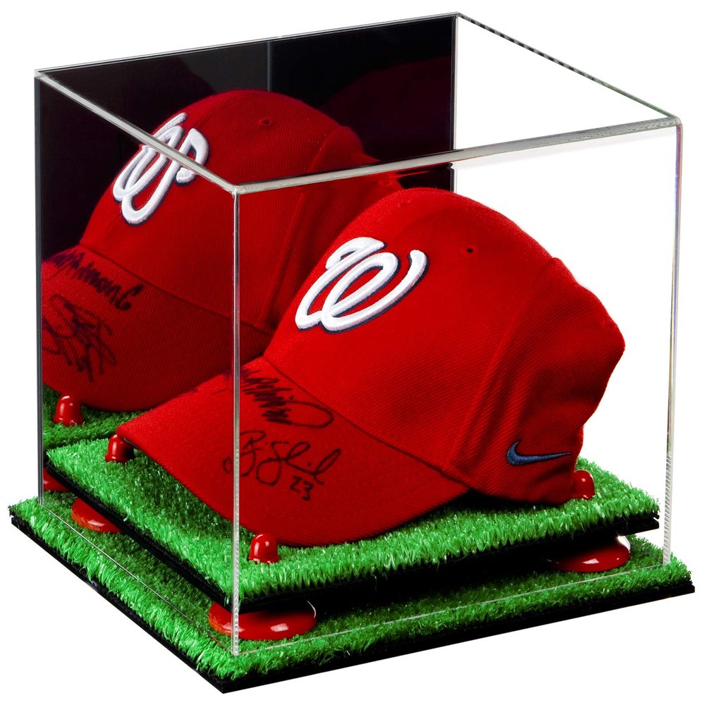 Better Display Cases Acrylic Baseball Cap Display Case with Mirror, Red Risers and Turf Base (A006-RR)