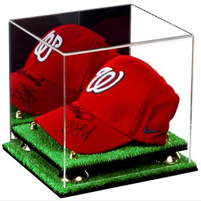 Better Display Cases Acrylic Baseball Cap Display Case with Mirror, Gold Risers and Turf Base (A006-GR)
