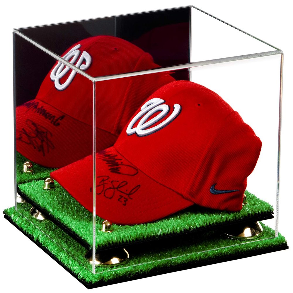 Better Display Cases Acrylic Baseball Cap Display Case with Mirror, Gold Risers and Turf Base (A006-GR)
