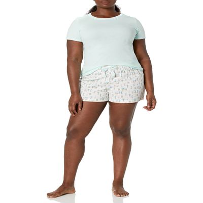 Amazon Essentials Women's Poplin Short and Sleep Tee Set, Mint Green White Cactus, Large