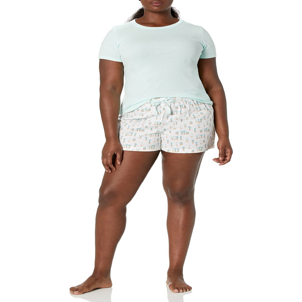 Amazon Essentials Women's Poplin Short and Sleep Tee Set, Mint Green White Cactus, Large