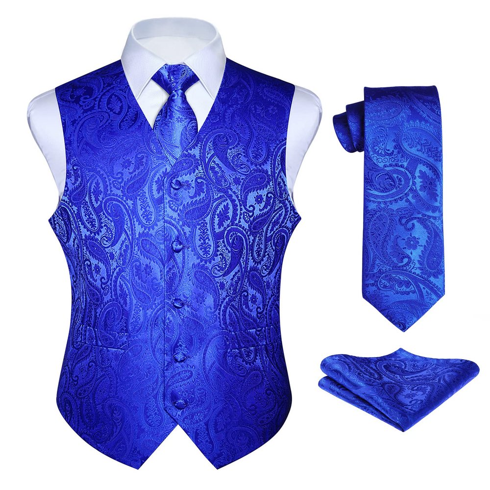 HISDERN Royal Blue Vest and Tie Sets for Men Paisley Floral Jacquard Necktie Pocket Square 3PCS Casual Formal Vests Waistcoat for Suit or Tuxedo