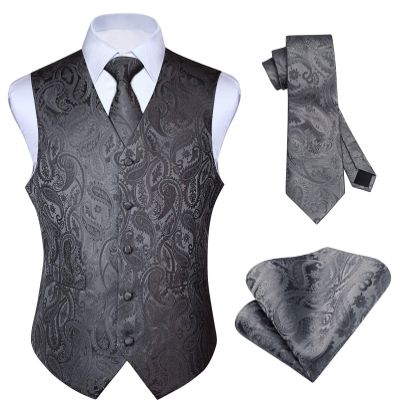 HISDERN Gray Vest and Tie Sets for Men Paisley Floral Jacquard Necktie Pocket Square 3PCS Casual Business Vests Waistcoat for Suit or Tuxedo Grey
