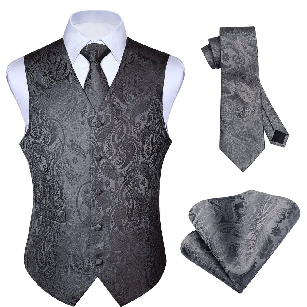 HISDERN Gray Vest and Tie Sets for Men Paisley Floral Jacquard Necktie Pocket Square 3PCS Casual Business Vests Waistcoat for Suit or Tuxedo Grey