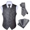 HISDERN Gray Vest and Tie Sets for Men Paisley Floral Jacquard Necktie Pocket Square 3PCS Casual Business Vests Waistcoat for Suit or Tuxedo Grey view 1