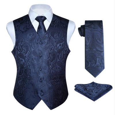 HISDERN Men's Vest Tie Set Paisley Floral Jacquard Classic Silk Necktie Pocket Square Waistcoat for Suit or Tuxedo