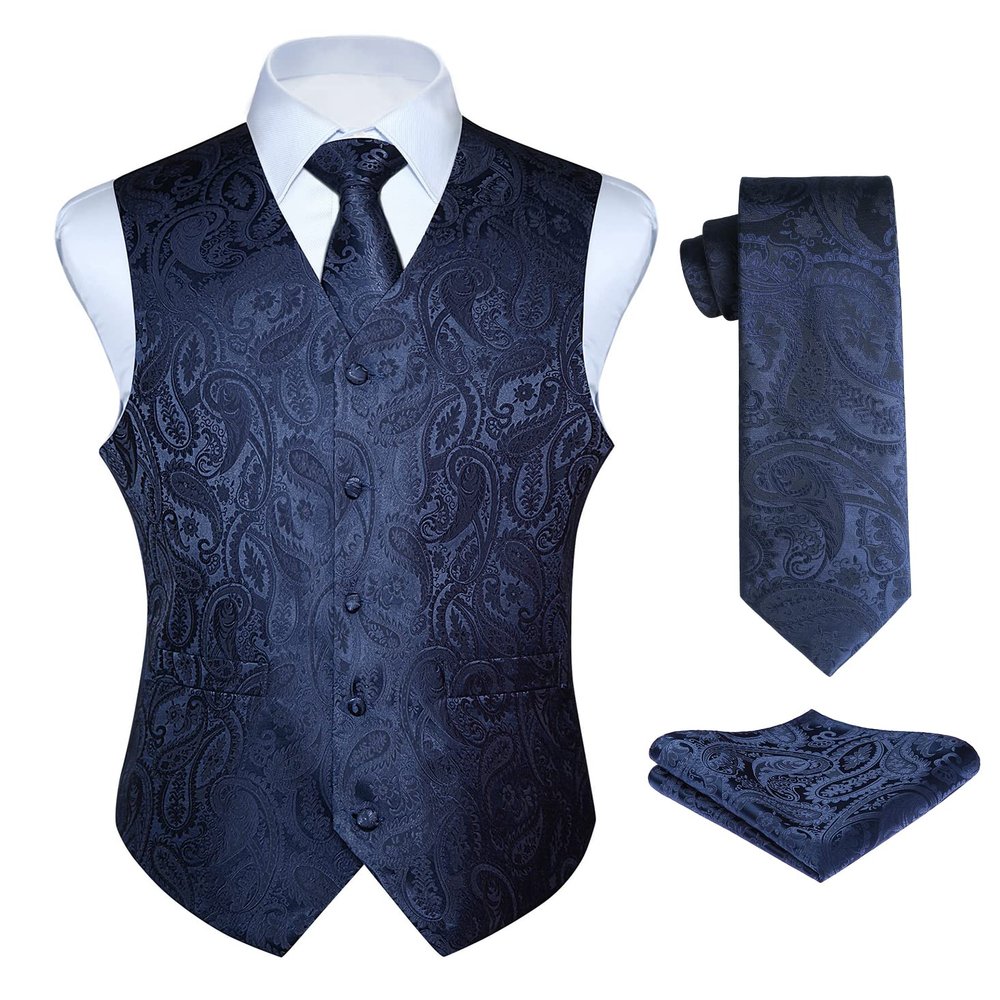 HISDERN Men's Vest Tie Set Paisley Floral Jacquard Classic Silk Necktie Pocket Square Waistcoat for Suit or Tuxedo