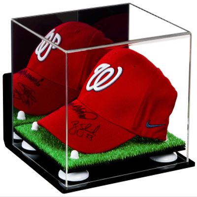Better Display Cases Acrylic Baseball Cap Display Case with Mirror, Wall Mount, White Risers and Turf Base (A006-WR)