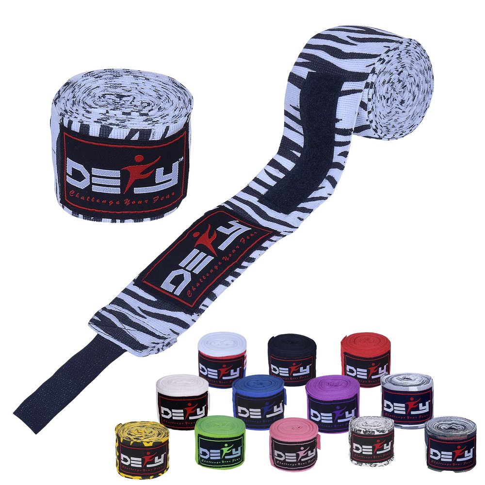 DEFY Professional 180 Inch Hand Wraps for Boxing Muay Thai MMA Elastic Bandages for Men & Women -Pair (Zebra Stripes)