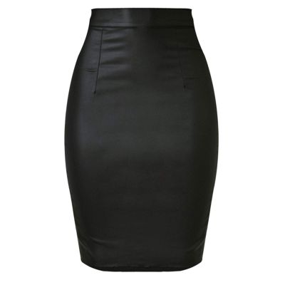 Flygo Women's Midi Length Faux Leather Skirt Stretch Bodycon Pencil Skirts (Large, Black)
