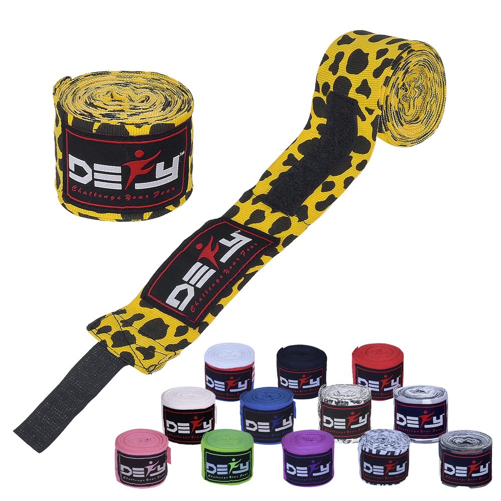 DEFY Professional 180 Inch Hand Wraps for Boxing Muay Thai MMA Elastic Bandages for Men & Women -Pair (Leopard Style)