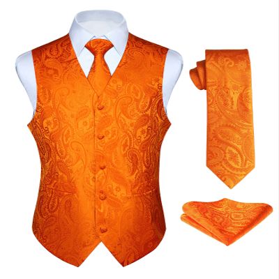 HISDERN Orange Vest and Tie Sets for Men Paisley Floral Jacquard Necktie Pocket Square 3PCS Casual Formal Business Vests Waistcoat for Suit or Tuxedo