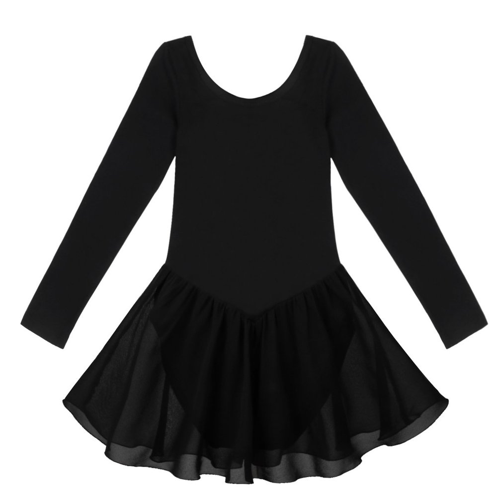 Alvivi Kids Girls Team Basic Long Sleeve Ballet Dance Dress Gymnastics Leotard Skirt Cotton Dancewear Black 8-10
