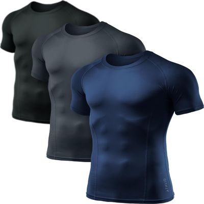 ATHLIO Men's Cool Dry Short Sleeve Compression Shirts, Sports Baselayer T-Shirts Tops, Athletic Workout Shirt, 3pack Tops Black/Charcoal/Navy, X-Large