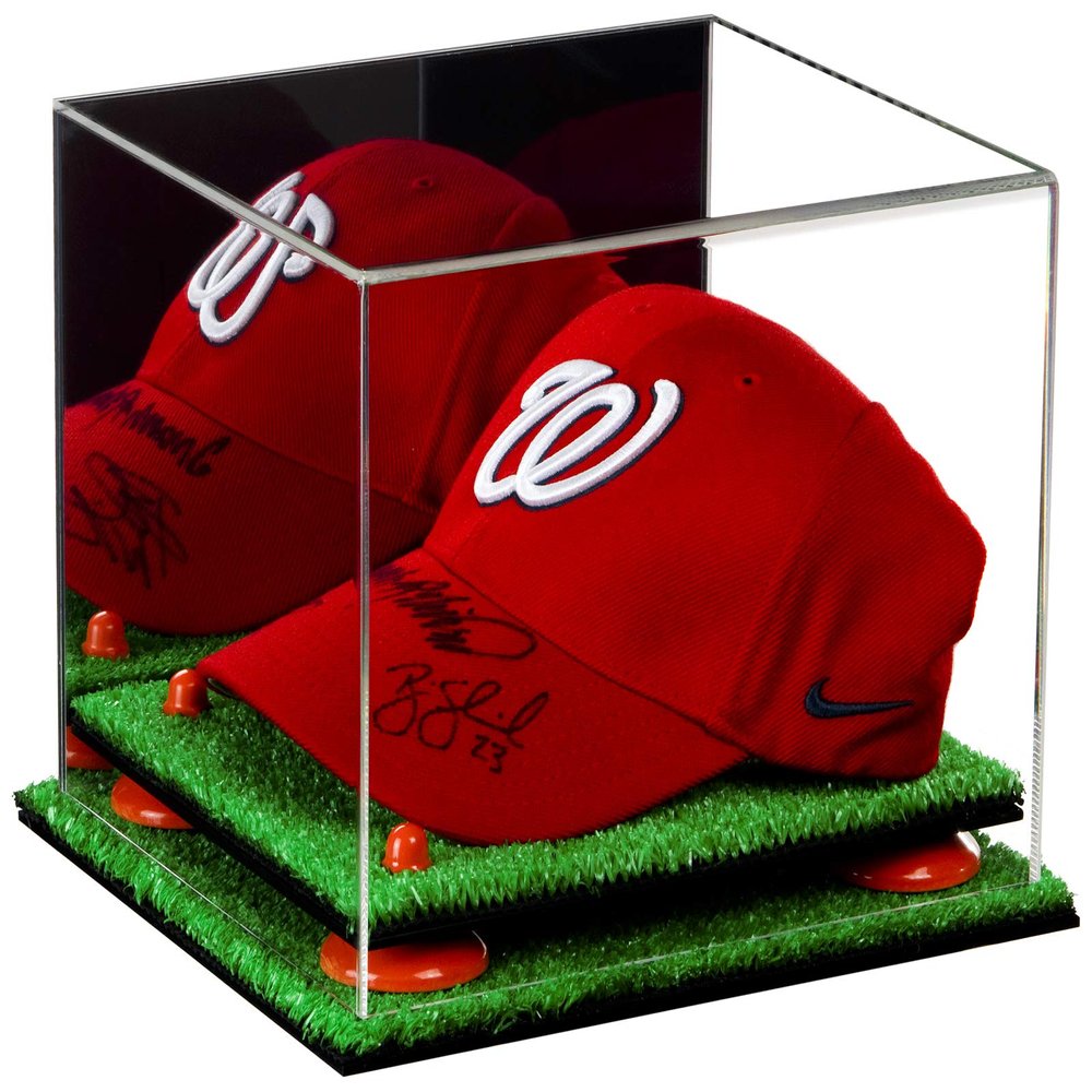 Better Display Cases Acrylic Baseball Cap Display Case with Mirror, Orange Risers and Turf Base (A006-OR)