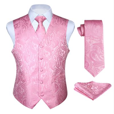 HISDERN Pink Vest and Tie Sets for Men Paisley Floral Jacquard Necktie Pocket Square 3PCS Casual Formal Business Vests Waistcoat for Suit or Tuxedo