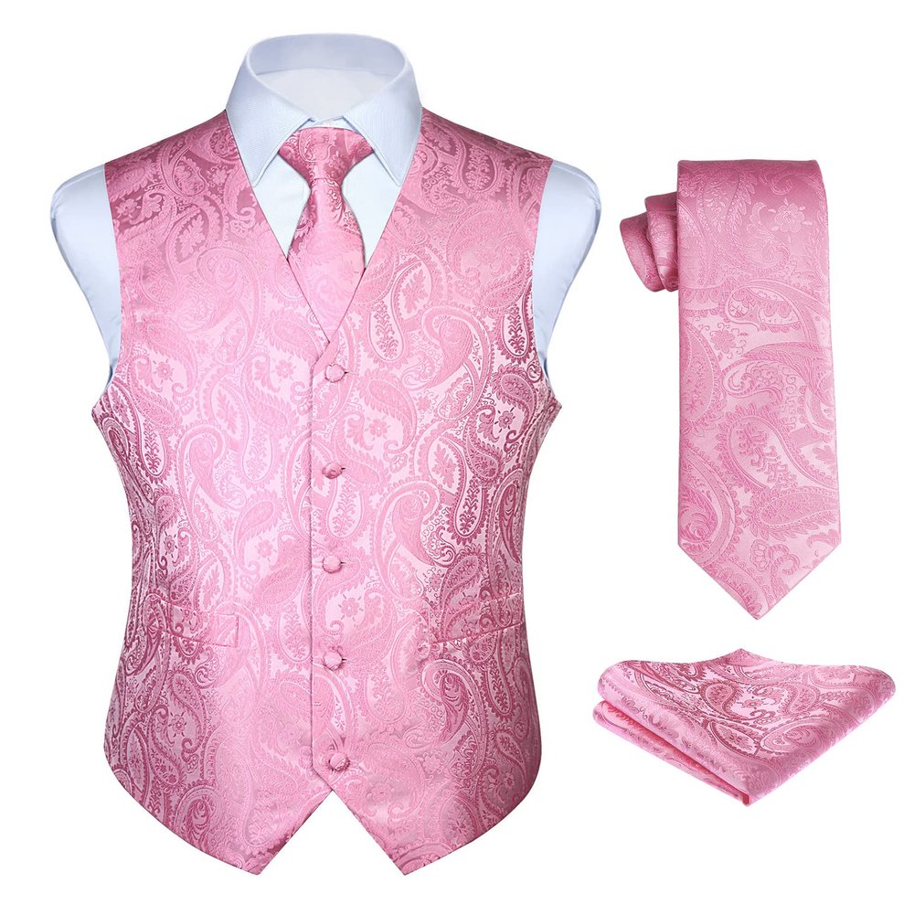 HISDERN Pink Vest and Tie Sets for Men Paisley Floral Jacquard Necktie Pocket Square 3PCS Casual Formal Business Vests Waistcoat for Suit or Tuxedo