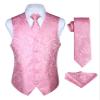 HISDERN Pink Vest and Tie Sets for Men Paisley Floral Jacquard Necktie Pocket Square 3PCS Casual Formal Business Vests Waistcoat for Suit or Tuxedo view 1