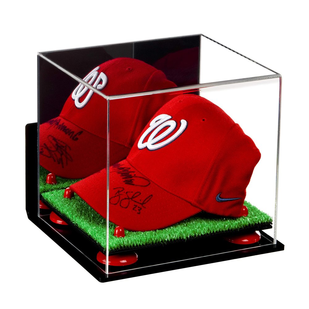 Better Display Cases Acrylic Baseball Cap Display Case with Mirror, Wall Mount, Red Risers and Turf Base (A006-RR)