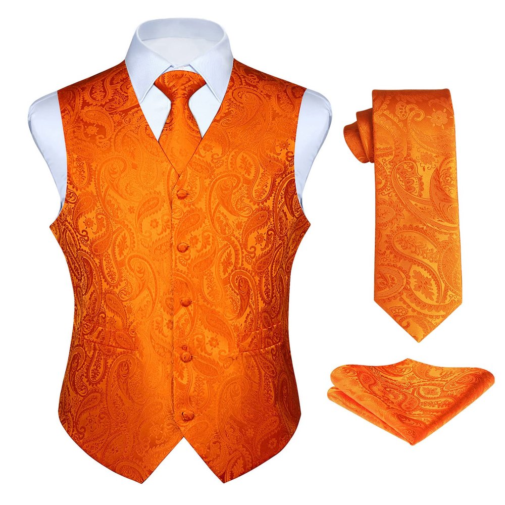 HISDERN Orange Vest and Tie Sets for Men Paisley Floral Jacquard Necktie Pocket Square 3PCS Casual Formal Business Vests Waistcoat for Suit or Tuxedo