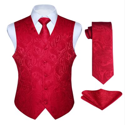 HISDERN Red Vest and Tie Sets for Men Paisley Floral Jacquard Necktie Pocket Square 3PCS Casual Formal Business Vests Waistcoat for Suit or Tuxedo