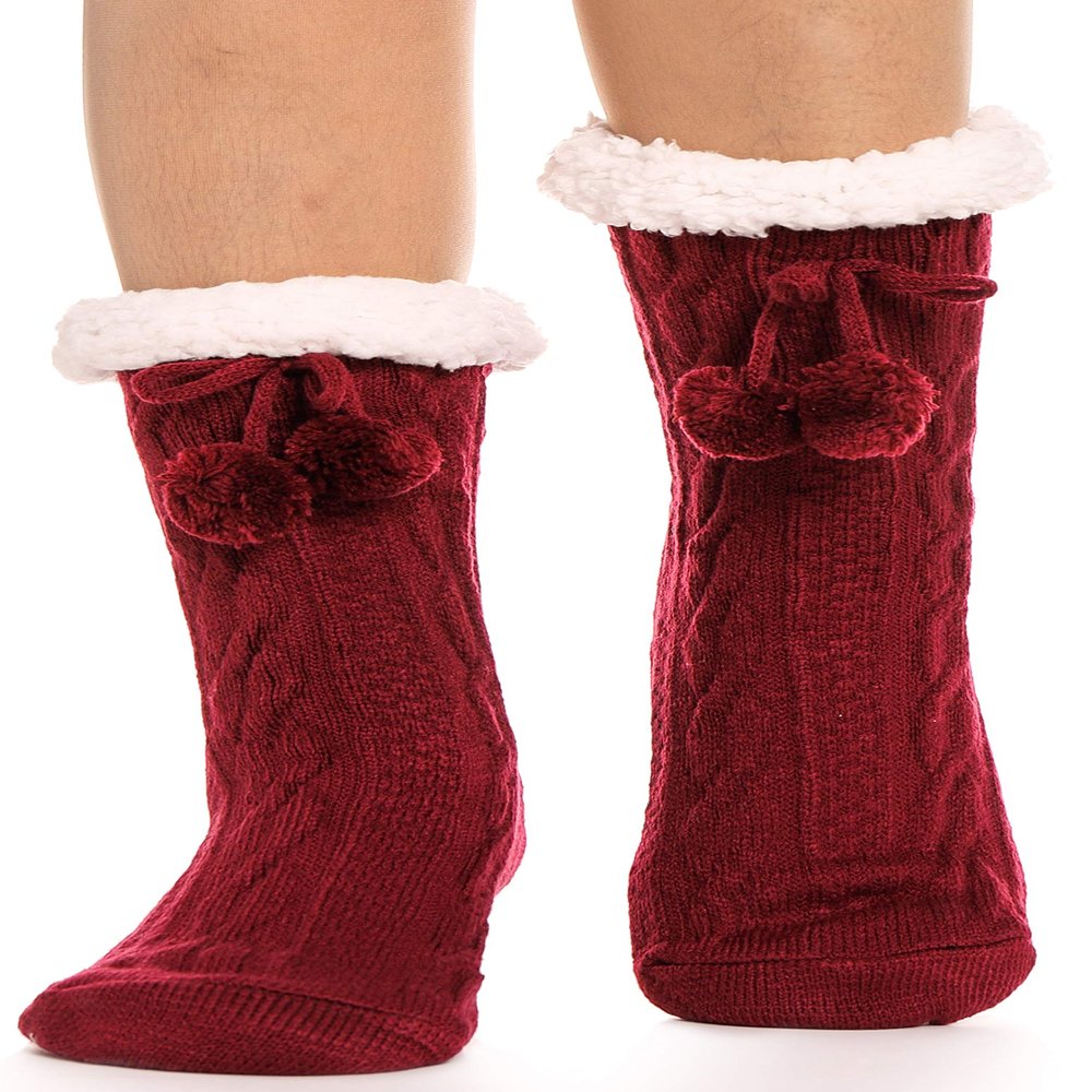 ANTSANG Women Slipper Socks Fluffy Fuzzy Cozy Cabin Fleece Plush Non Slip Stocking Stuffers Winter Christmas Socks with Grips(Red)