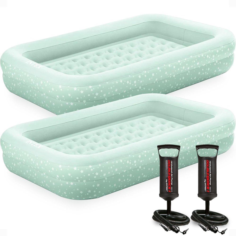 Intex Kids Travel Air Mattress Inflatable Bed Set with Raised Sides, Hand Pump, and Carrying Bag for Camping Trips and Sleepovers, (2 Pack)