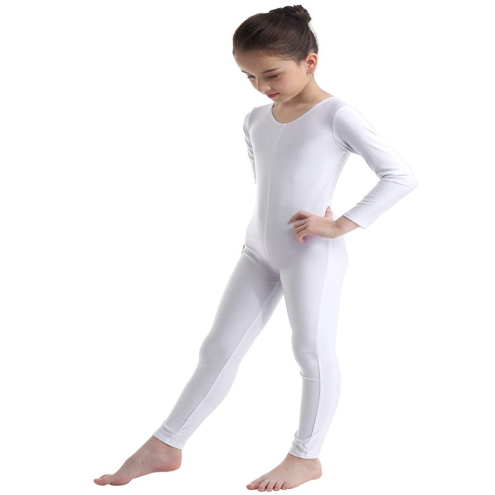 inlzdz Kids Boys Girls Full Length Unitard Solid Color Bodysuit Long Sleeves Ballet Dance Gymnastic Leotard Jumpsuit White 7-8 Years