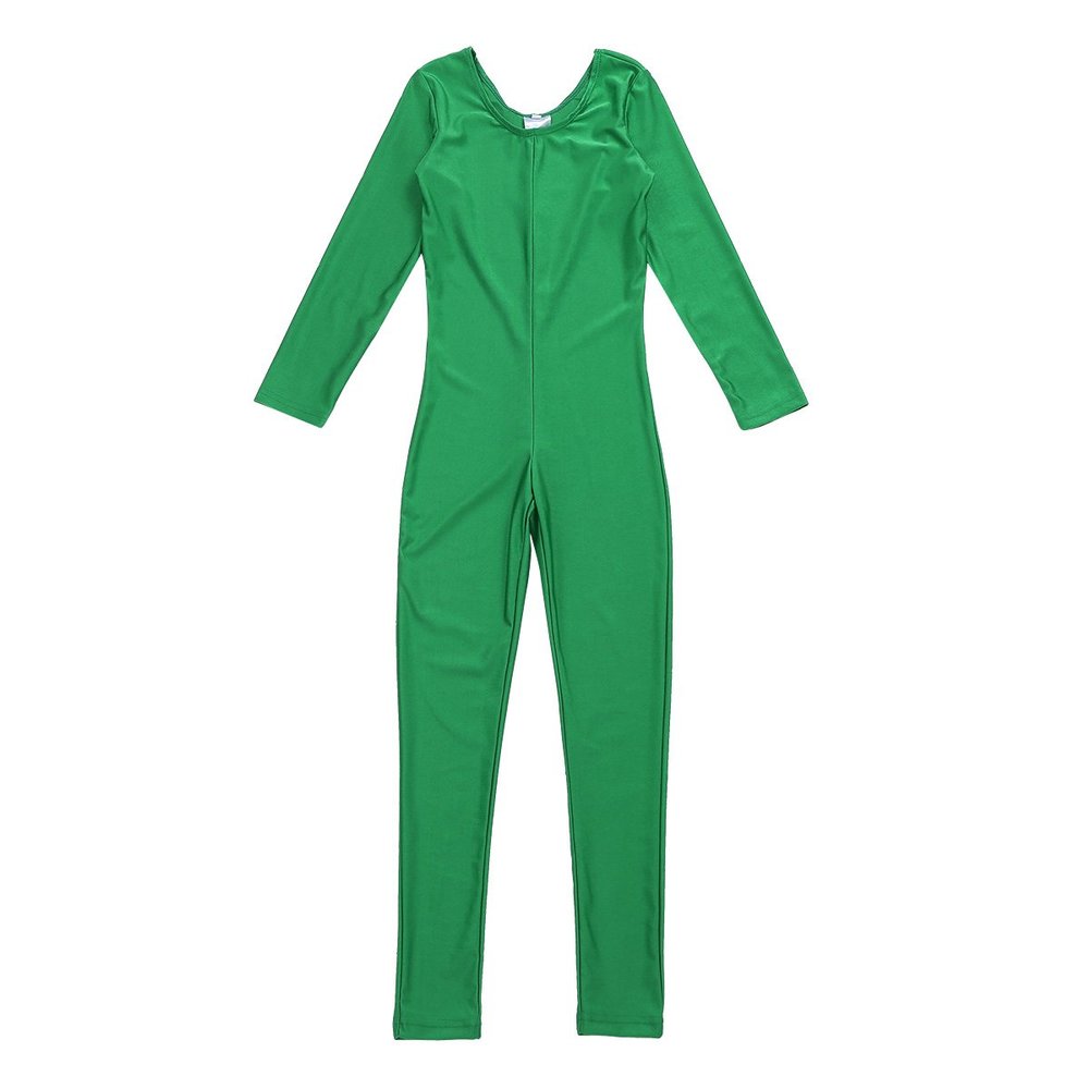 inlzdz Kids Boys Girls Full Length Unitard Solid Color Bodysuit Long Sleeves Ballet Dance Gymnastic Leotard Jumpsuit Green 7-8 Years