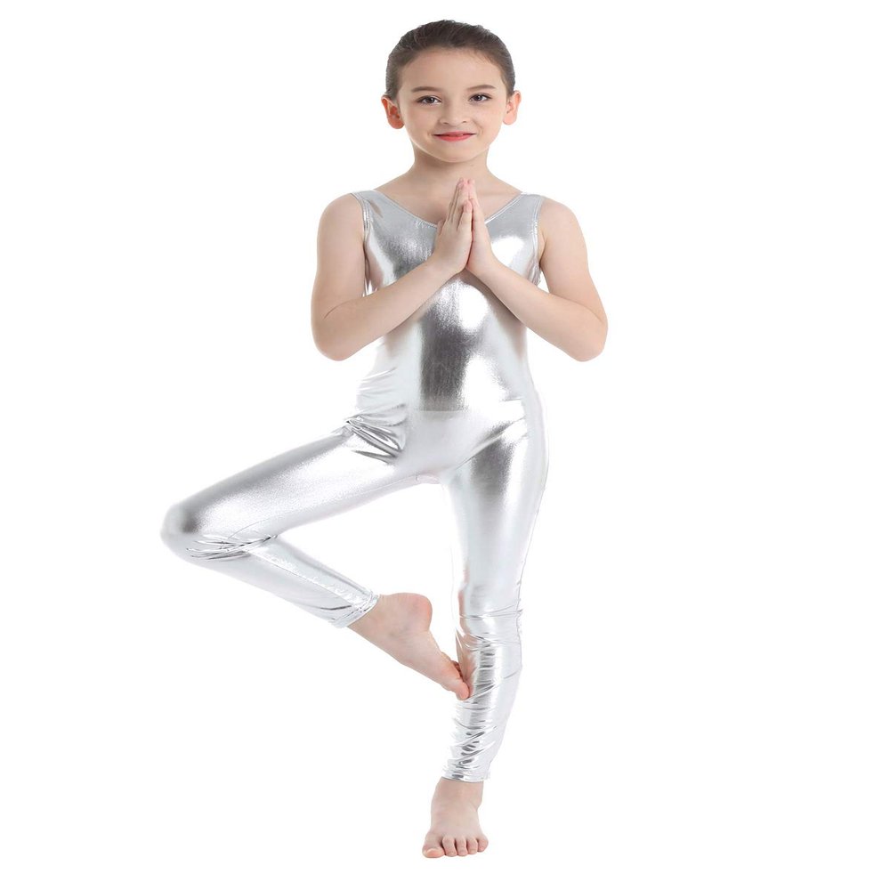inlzdz Kids Boys Girls Metallic Full Body Unitard Gymnastics Leotard Sleeveless Jumpsuit Ballet Tank Dancewear Silver 5-6