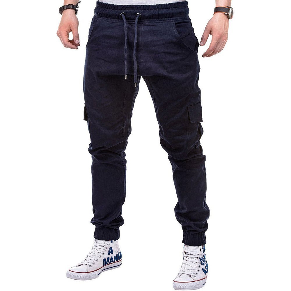Drawstring Pant Fashion Men's Sport Pure Color Bandage Casual Loose Sweatpants Navy