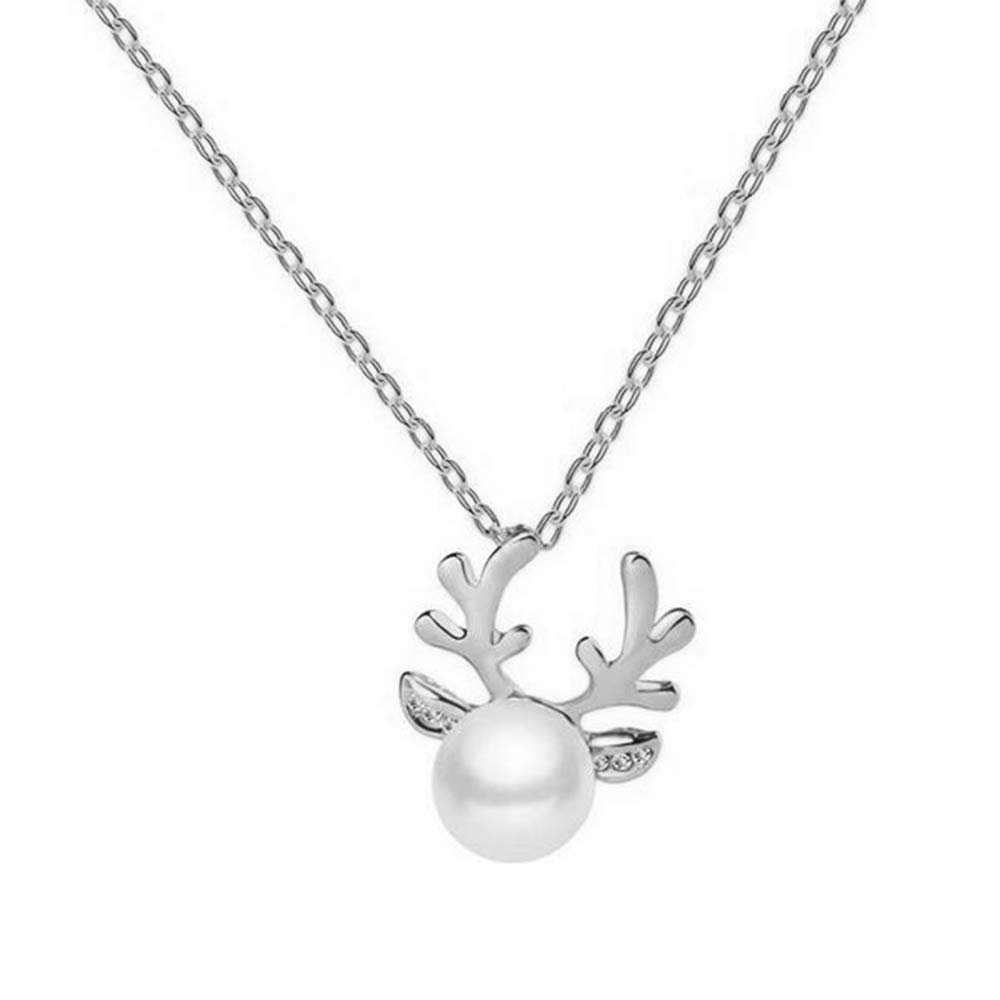 Chic Charm Crystal Pearl Elements Deer Antler Necklace Stud Earrings Jewelry Sets (silver necklace)
