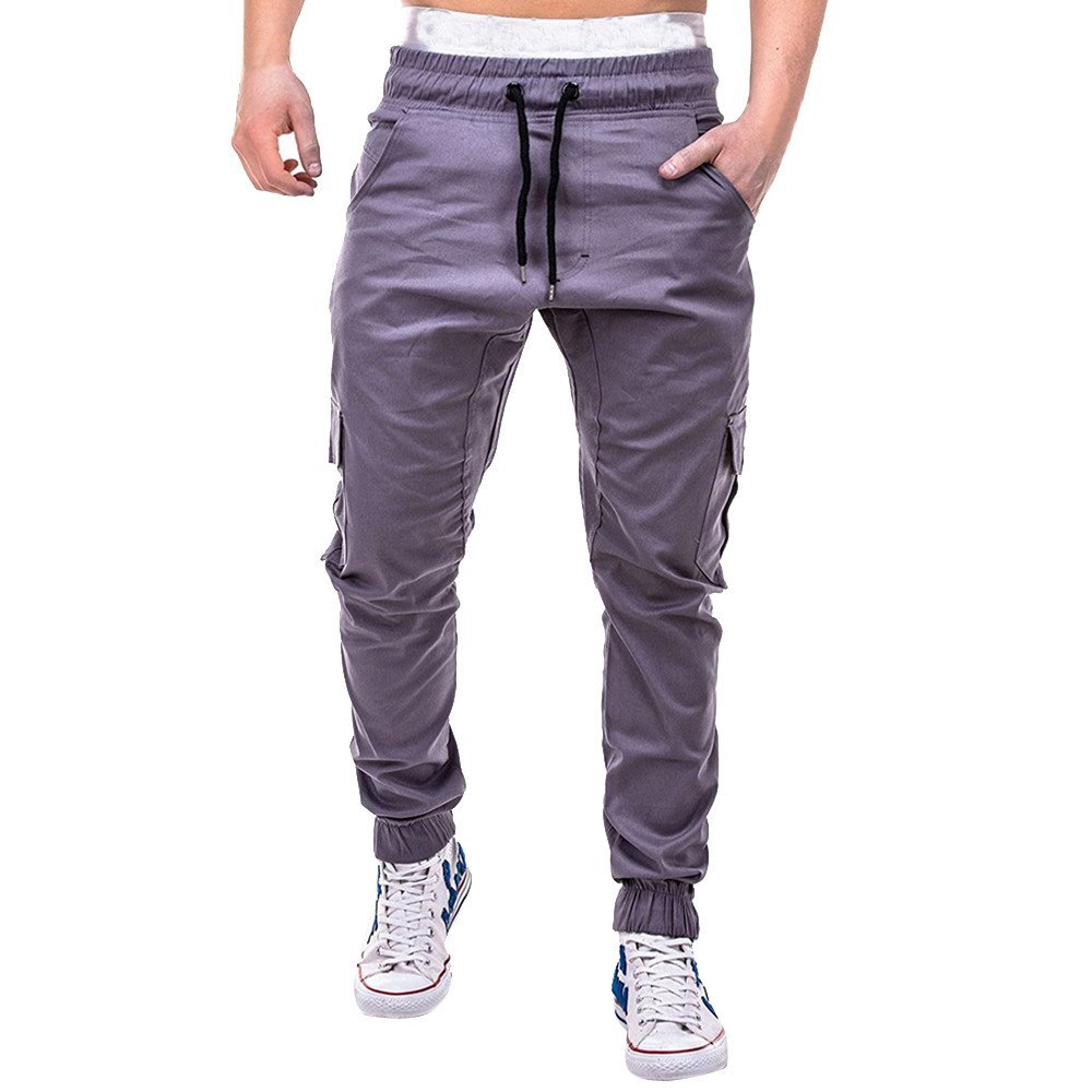 Drawstring Pant Fashion Men's Sport Pure Color Bandage Casual Loose Sweatpants Gray