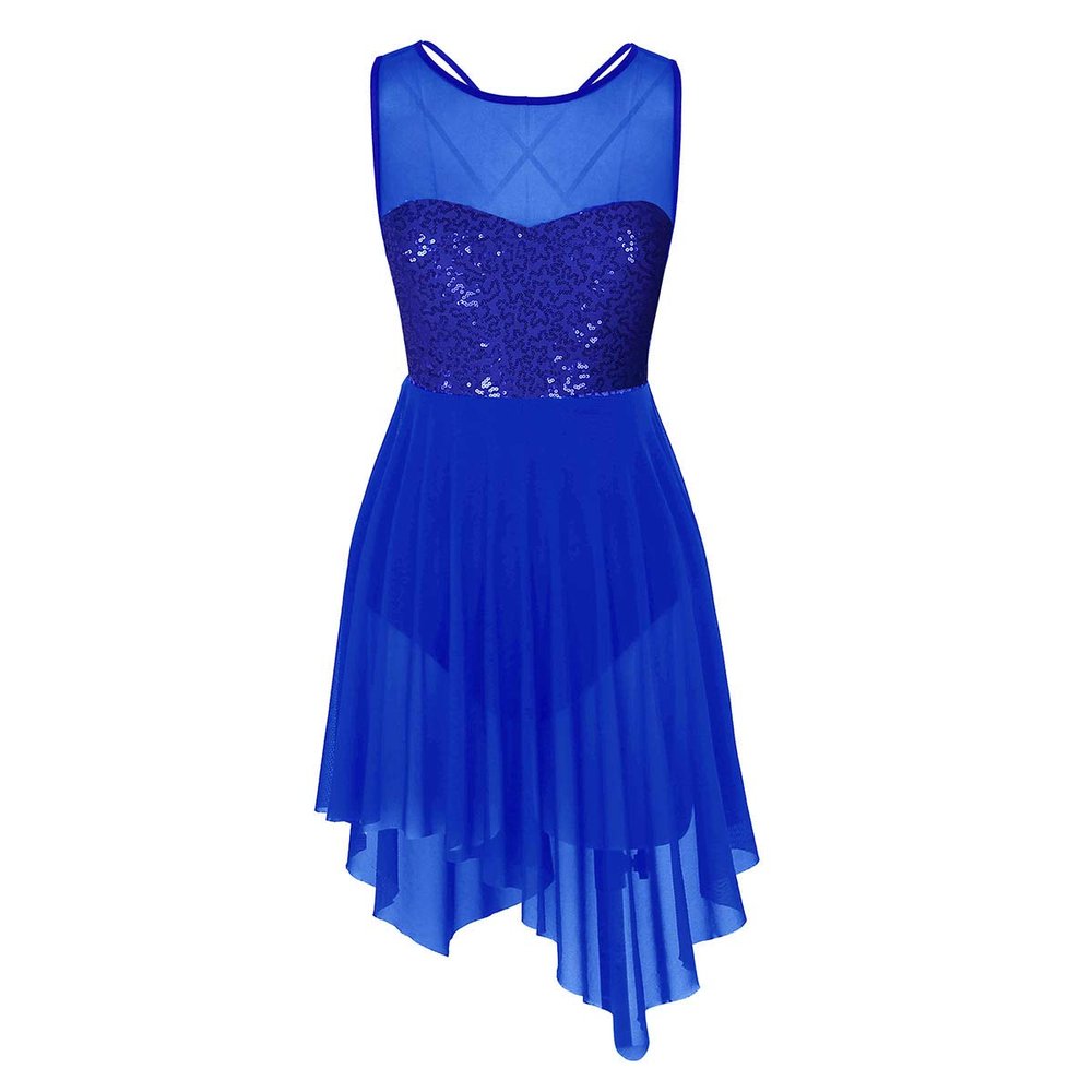 YiZYiF Women's Adult Lyrical Dance Leotard Costume Sequins Overlay Trianglar Cut Skirt Dancewear Blue Medium