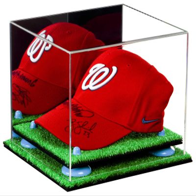 Better Display Cases Acrylic Baseball Cap Display Case with Mirror, Blue Risers and Turf Base (A006-BLR)