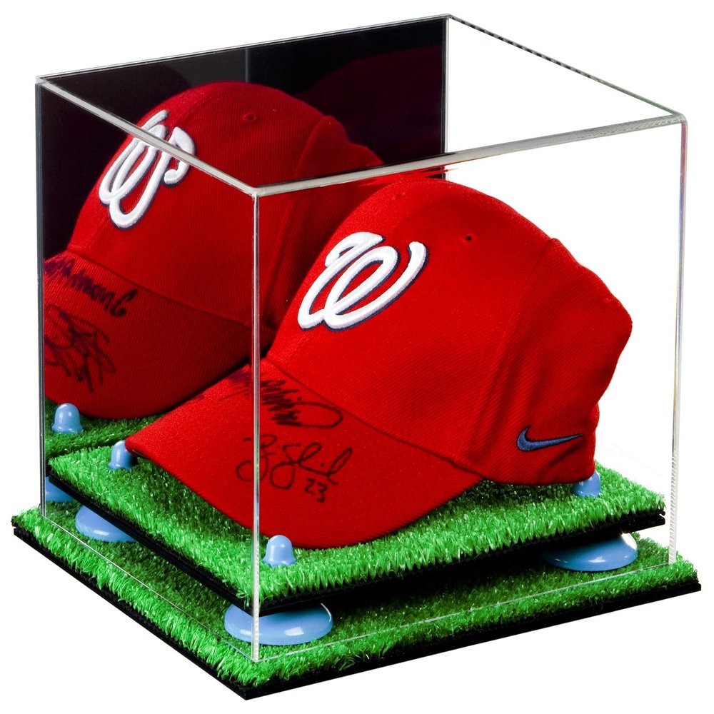 Better Display Cases Acrylic Baseball Cap Display Case with Mirror, Blue Risers and Turf Base (A006-BLR)