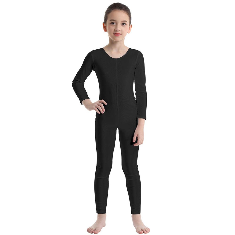 inlzdz Kids Boys Girls Full Length Unitard Solid Color Bodysuit Long Sleeves Ballet Dance Gymnastic Leotard Jumpsuit Black 7-8 Years