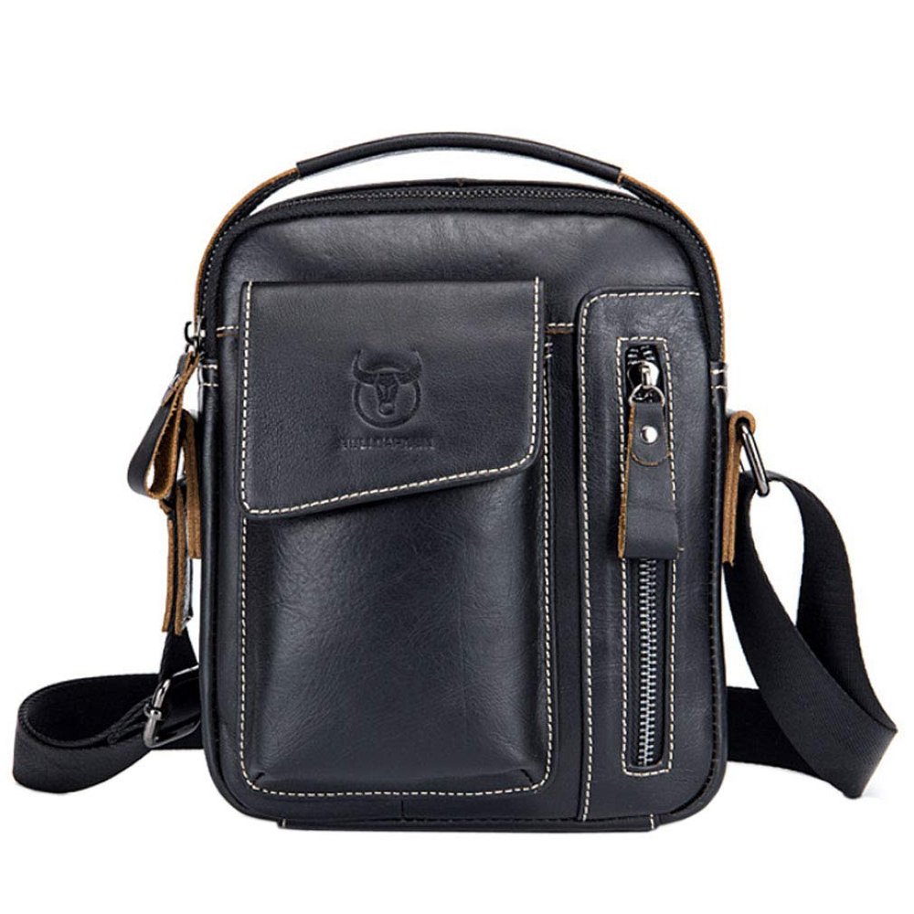 Hebetag Leather Shoulder Crossbody Bag for Men Women Business Travel Casual Messenger Briefcase Handbag Phone Wallet Tote Day Pack Black