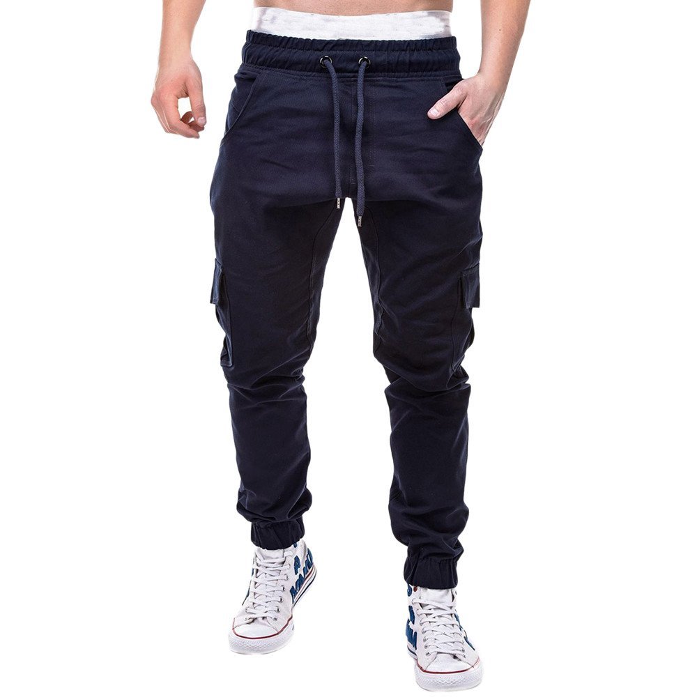 Drawstring Pant Fashion Men's Sport Pure Color Bandage Casual Loose Sweatpants Black