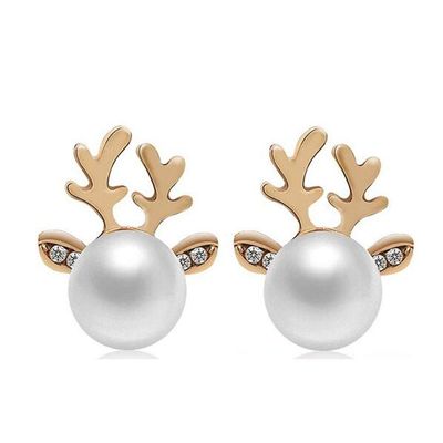 NOUMANDA Chic Charm Crystal Pearl Elements Deer Antler Necklace Stud Earrings Jewelry Sets (Gold Earrings)