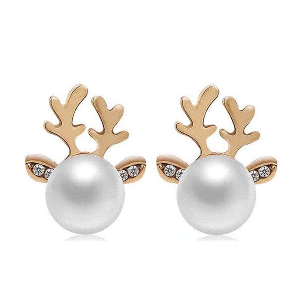 NOUMANDA Chic Charm Crystal Pearl Elements Deer Antler Necklace Stud Earrings Jewelry Sets (Gold Earrings)
