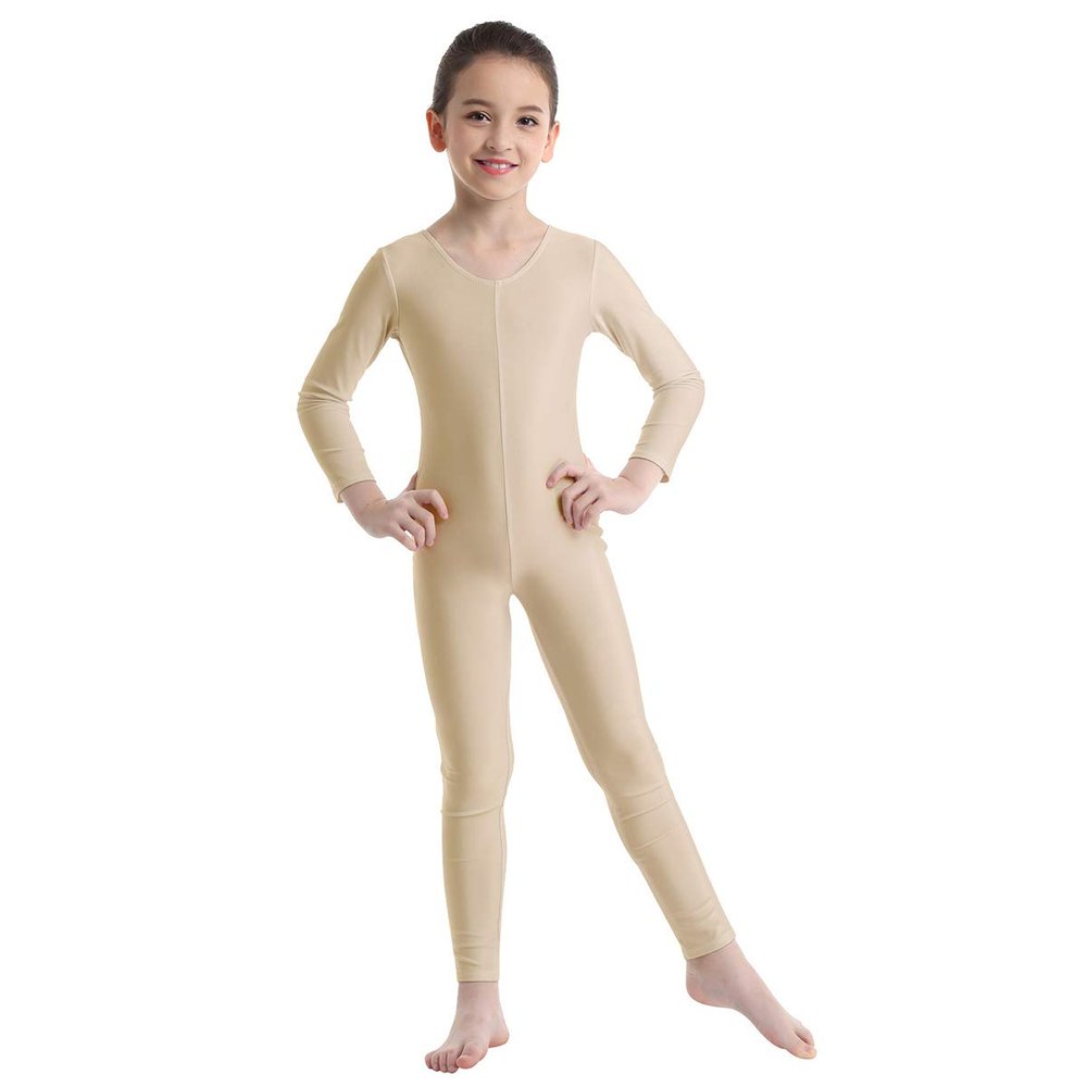 inlzdz Kids Boys Girls Full Length Unitard Solid Color Bodysuit Long Sleeves Ballet Dance Gymnastic Leotard Jumpsuit Nude 8-10 Years