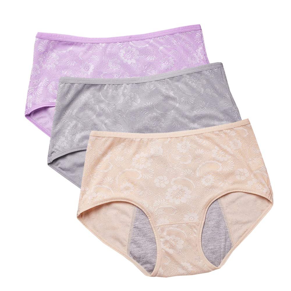 YOYI FASHION Women Menstrual Period Briefs Jacquard Easy Clean Panties 3 Pack US Size 3XL/10, Gray,Nelumbo,Skin